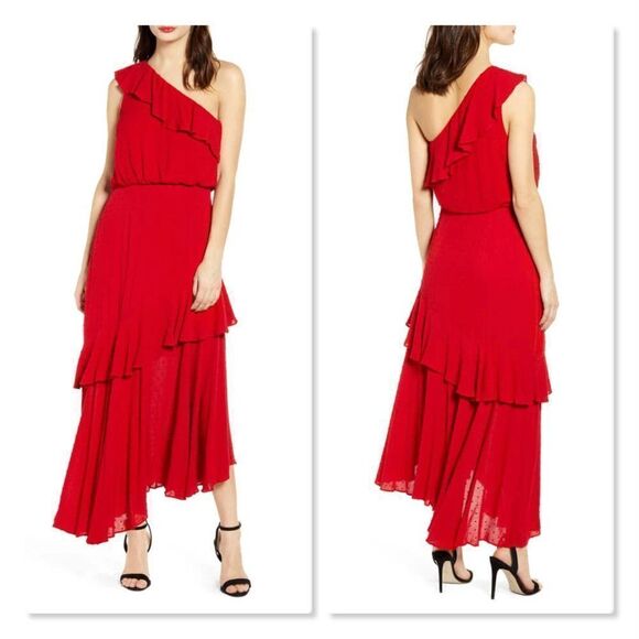 🌹 WAYF 🌹 One-Shoulder Ruffle Dress - [Large in Red] - Picture 1 of 15